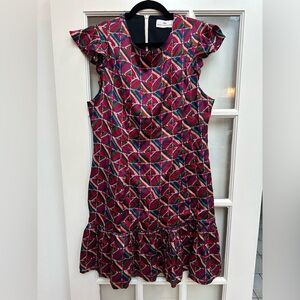 Never A Wallflower Geometric Print Ruffle-Sleeve Dress in Pink & Navy Size L